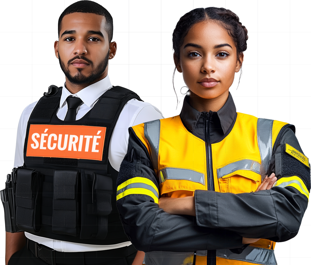 Deux professionnels en tenue de sécurité au travail, un homme portant un gilet de protection et une femme portant une veste haute visibilité.