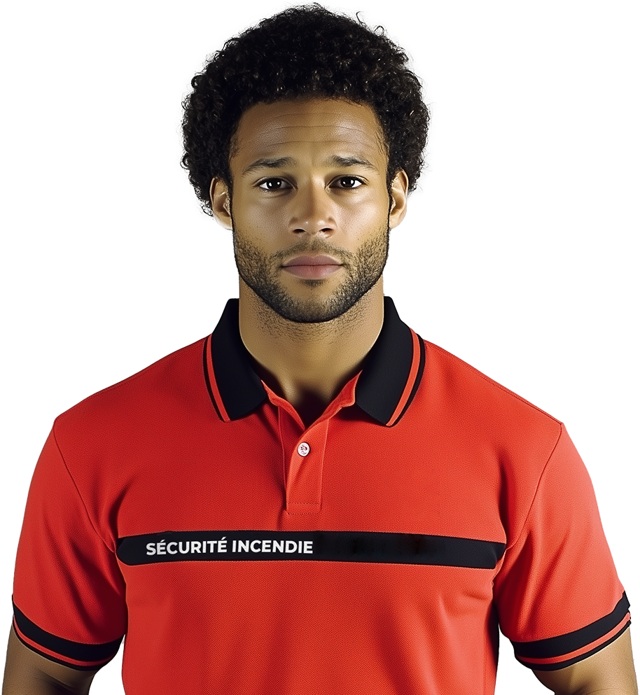 Agent de sécurité incendie masculin portant une chemise d'uniforme rouge étiquetée « SÉCURITÉ INCENDIE », regardant directement la caméra