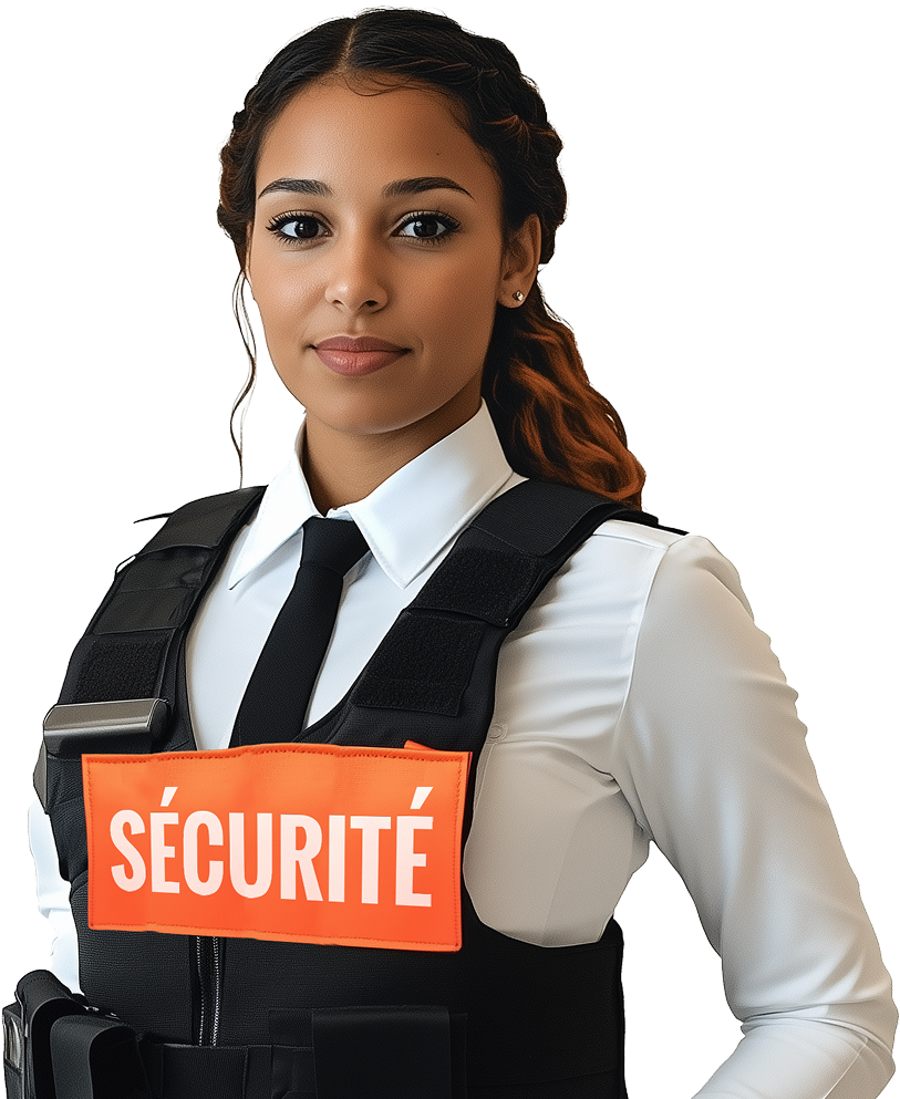Agente de sécurité confiante en uniforme noir, les bras croisés, portant une étiquette orange vif « SÉCURITÉ.